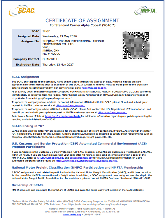 Yunxiang International NVOCC SCAC Certificate ZHGF